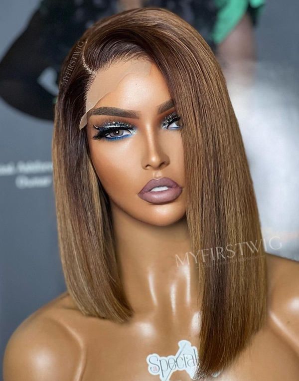 10-16 Inch Asymmetrical Ombre Brown Bob Glueless Human Hair Lace Wig / Closure Wig - SPE051