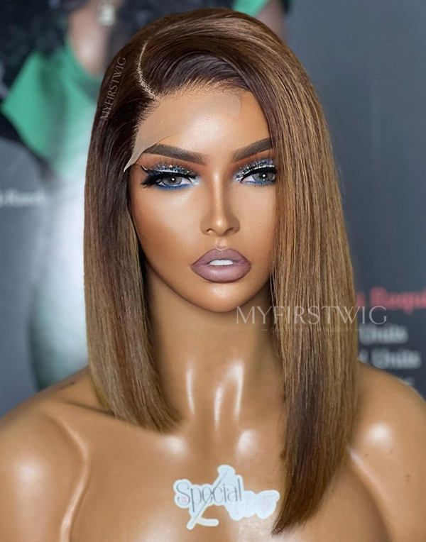 10-16 Inch Asymmetrical Ombre Brown Bob Glueless Human Hair Lace Wig / Closure Wig - SPE051