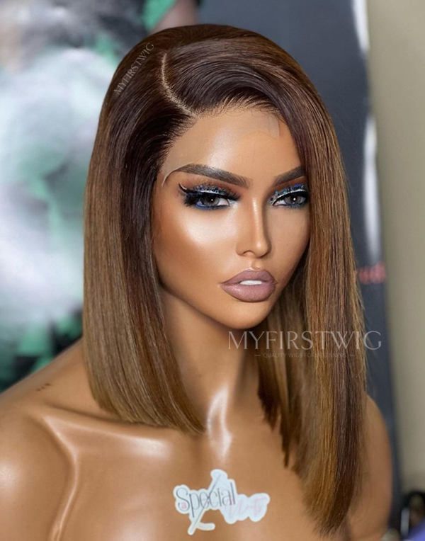 10-16 Inch Asymmetrical Ombre Brown Bob Glueless Human Hair Lace Wig / Closure Wig - SPE051