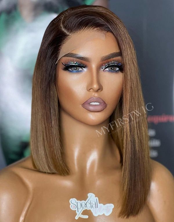 10-16 Inch Asymmetrical Ombre Brown Bob Glueless Human Hair Lace Wig / Closure Wig - SPE051
