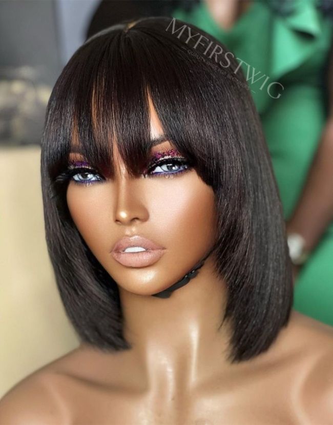 10-14 Inch Short Bob with Bangs Glueless Human Hair Lace Wig / Closure Wig - SPE063
