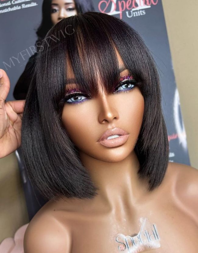 10-14 Inch Short Bob with Bangs Glueless Human Hair Lace Wig / Closure Wig - SPE063