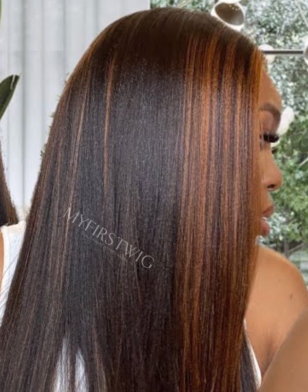 14-20 Inch Yaki Brown Highlight Straight Glueless Human Hair Lace Wig / Closure Wig - LFS010