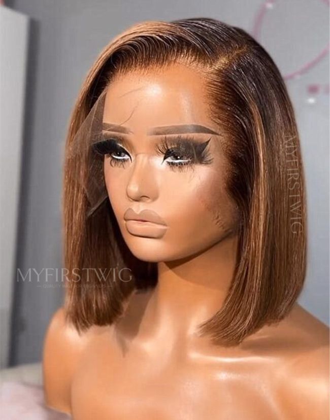 10-14 Inch Ombre Brown Bob Glueless Human Hair Lace Wig / Closure Wig - OPH013