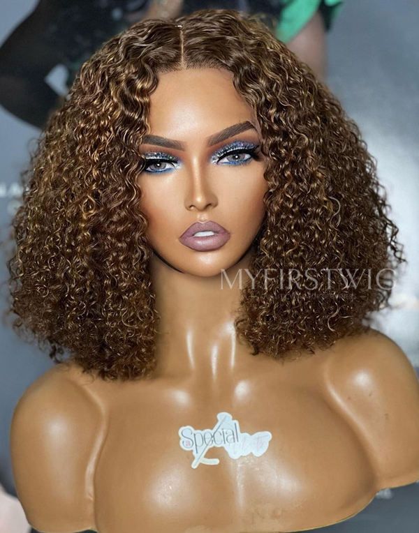 12-16 Inch Light Brown Curly Glueless Human Hair Lace Wig / Closure Wig - SPE045