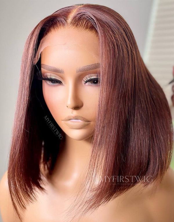10-14 Inch Red Brown Bob Glueless Human Hair Lace Wig / Closure Wig - TiaDwana TDC003