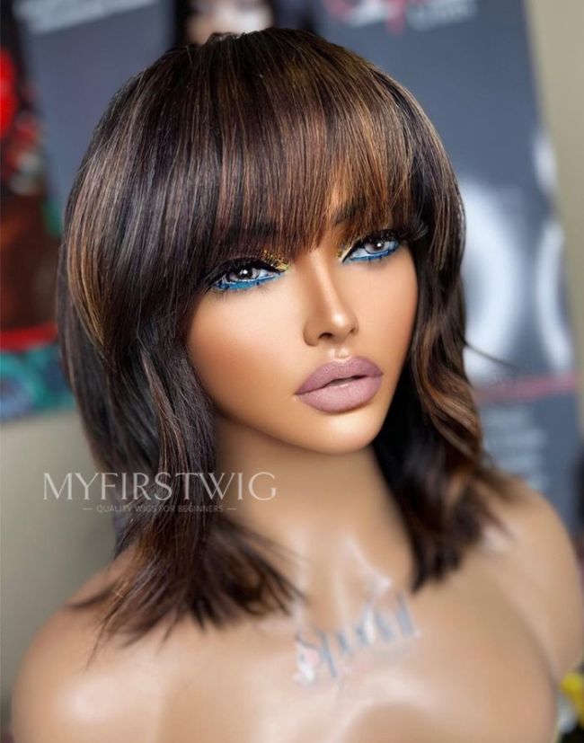 10-14 Inch Straight Brown Highlight Bob Glueless Human Hair Lace Wig / Closure Wig - SPE069