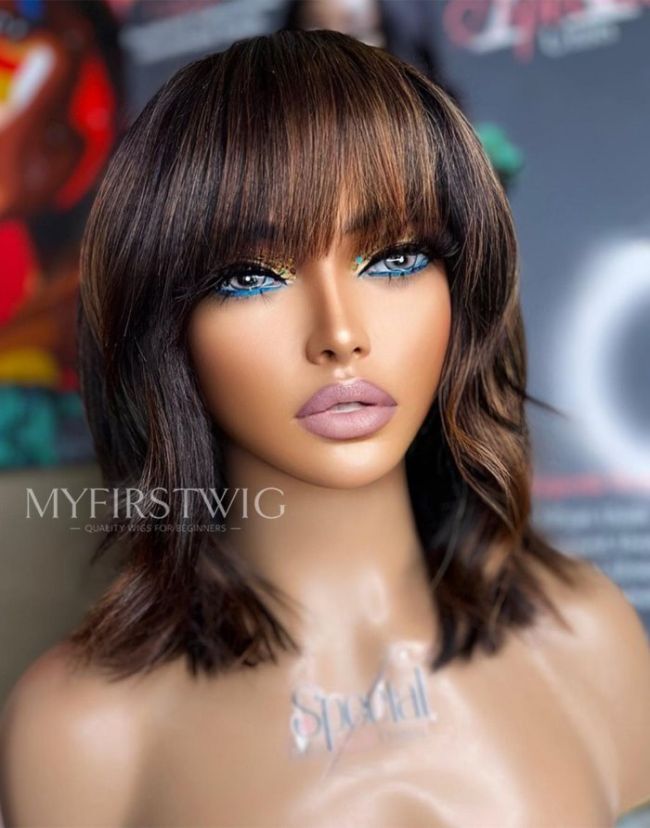 10-14 Inch Straight Brown Highlight Bob Glueless Human Hair Lace Wig / Closure Wig - SPE069