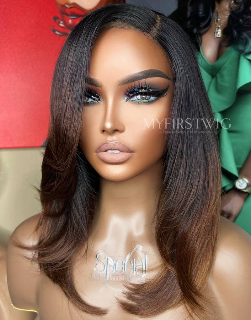 4x4" Closure Wig 14-16 Inch Ombre Brown Straight Wig Invisible Glueless Wig - FL44J06