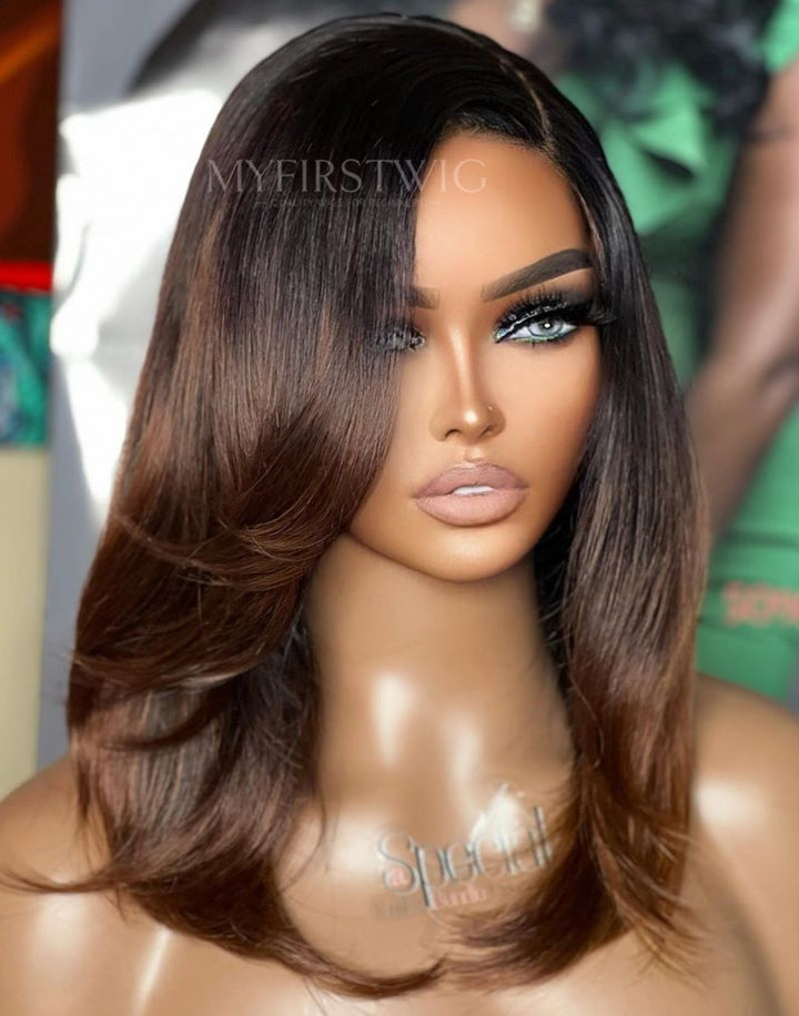 4x4" Closure Wig 14-16 Inch Ombre Brown Straight Wig Invisible Glueless Wig - FL44J06