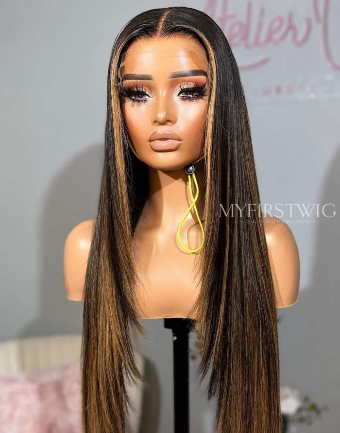 OpHair - Long Straight With Layers Brown Highlight Glueless Human Hair Lace Front Wigs - OPH042