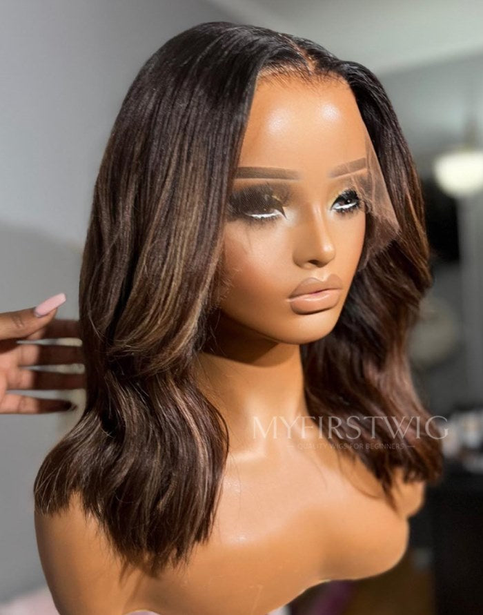 OpHair Straight Brown Highlight Glueless Human Hair Invisible Lace Front Wig OPH043