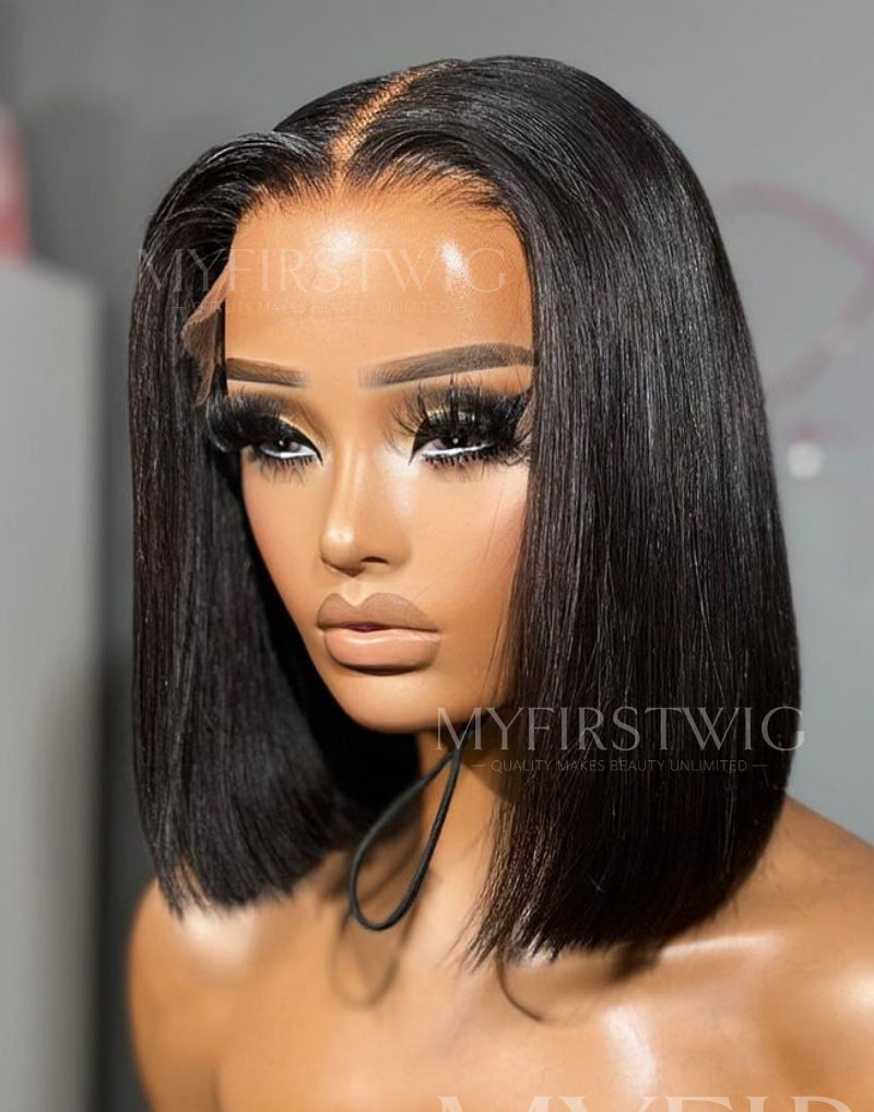 4x4" Closure Wig Middle Part 12 Inch Short Bob Invisible Glueless Human Hair Wig - FL4402