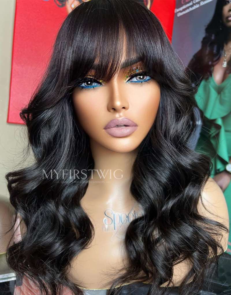 4x4" Closure Wig 16-20 Inch Soft Wavy Wig With Bangs Invisible Glueless Wig - FL44J08