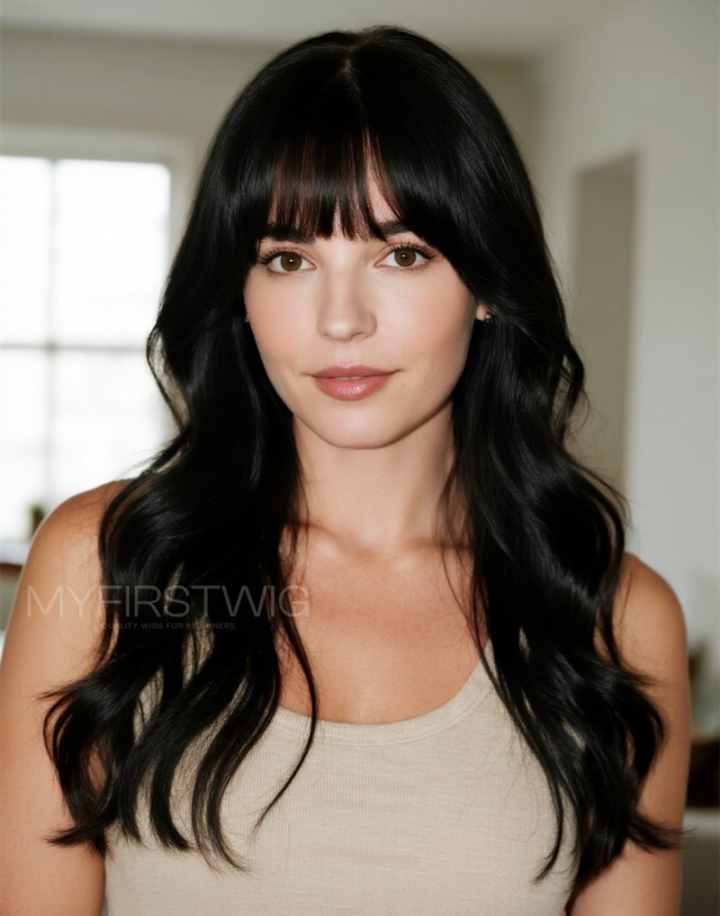 Daisy | Jet Black Soft Wavy Human Hair Wig with Fringe - WHLW001