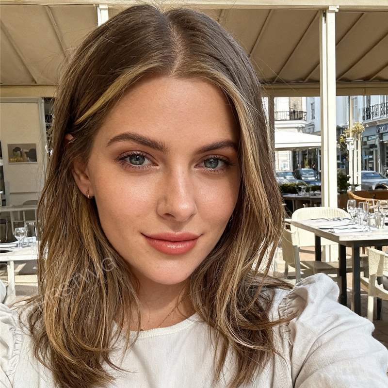 Nicola | Shoulder-Length Brown & Blonde Highlight Straight Human Hair Wig - WHLS008