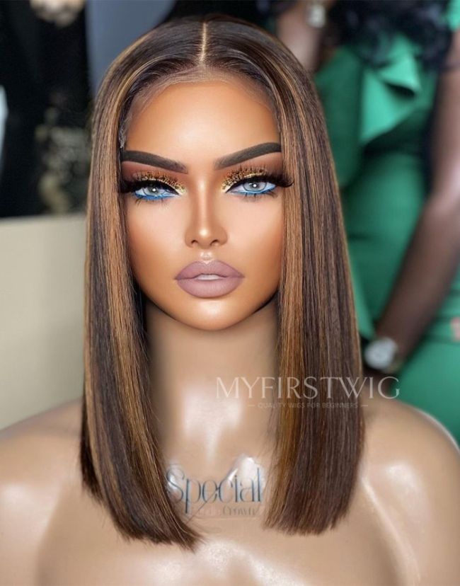 ASPECIALUNIT- Highlight Brown Bob Invisible Lace Glueless Human Hair Wig- SPE067