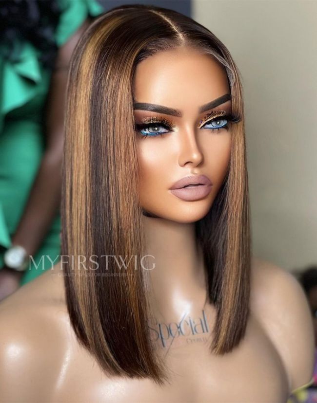 ASPECIALUNIT- Highlight Brown Bob Invisible Lace Glueless Human Hair Wig- SPE067