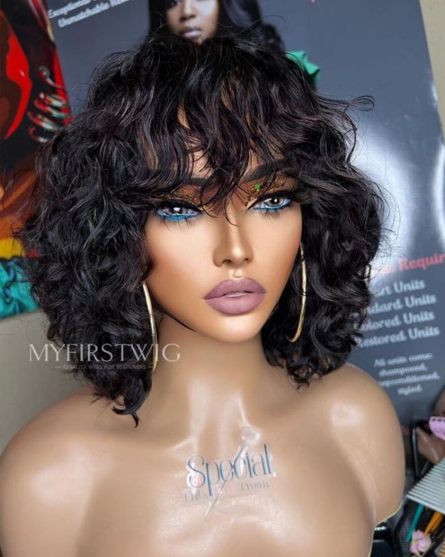 ASPECIALUNIT- Wavy Wig With Bangs Invisible Lace Glueless Human Hair Wig - SPE068