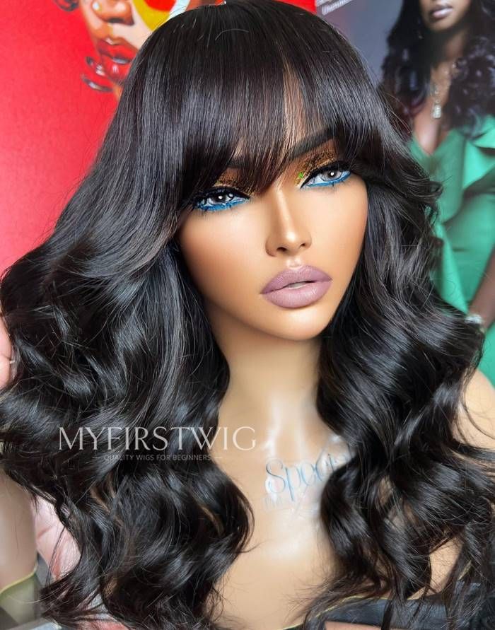 ASPECIALUNIT - Human Hair Wavy With Bangs Glueless Lace Front Wig - SPE087