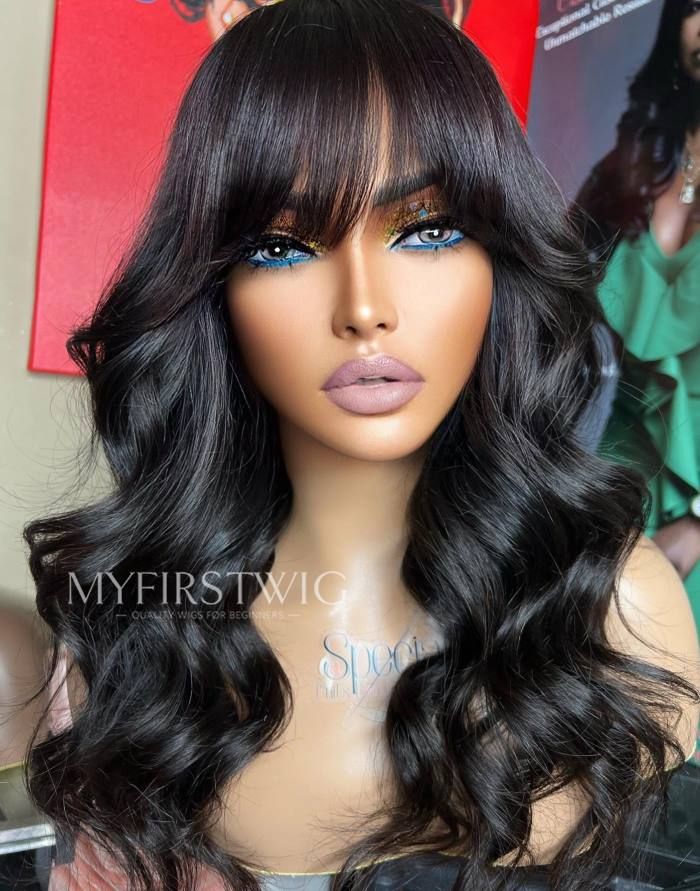 ASPECIALUNIT - Human Hair Wavy With Bangs Glueless Lace Front Wig - SPE087