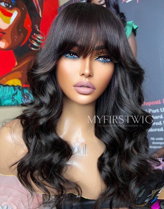 ASPECIALUNIT - Human Hair Wavy With Bangs Glueless Lace Front Wig - SPE087