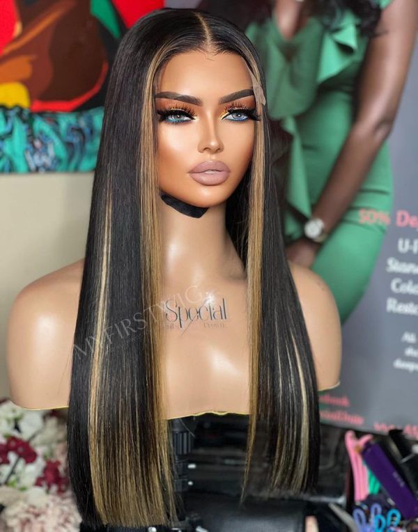 Aspecialunit - Highlight Brown Blunt Cut Straight Glueless Human Hair Lace Front Wig - SPE095