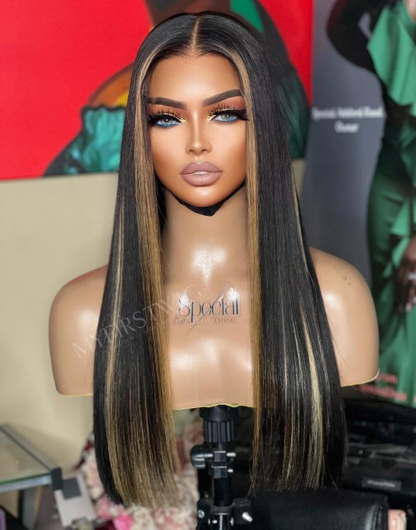 Aspecialunit - Highlight Brown Blunt Cut Straight Glueless Human Hair Lace Front Wig - SPE095