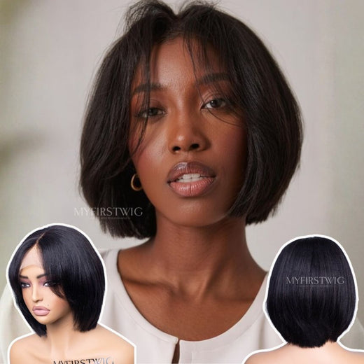 Curtain Bangs Yaki Bob Human Hair Invisible Lace Front Wigs - MAI009