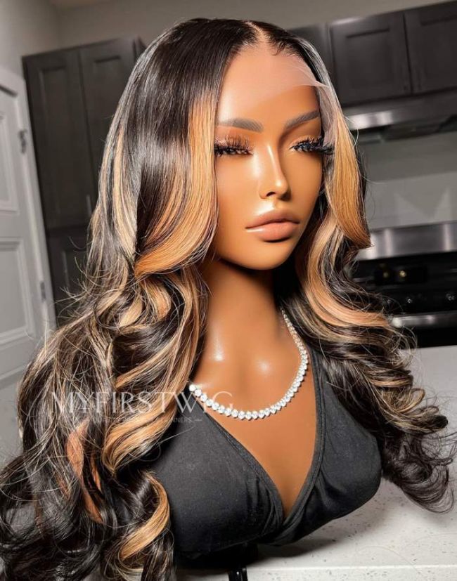 Dainty Secrets - Brown Highlight Wavy Glueless Human Hair Lace Front Wigs - DTS018
