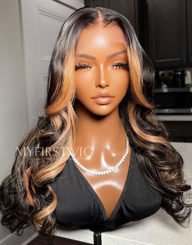 Dainty Secrets - Brown Highlight Wavy Glueless Human Hair Lace Front Wigs - DTS018
