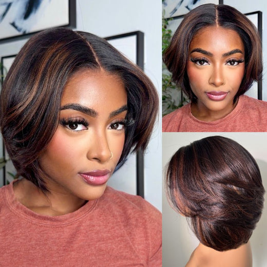 Full Layered Cut Yaki Bob With Curtain Bangs Fringe Brown Highlight Glueless Invisible Lace Front Wigs - MAI014