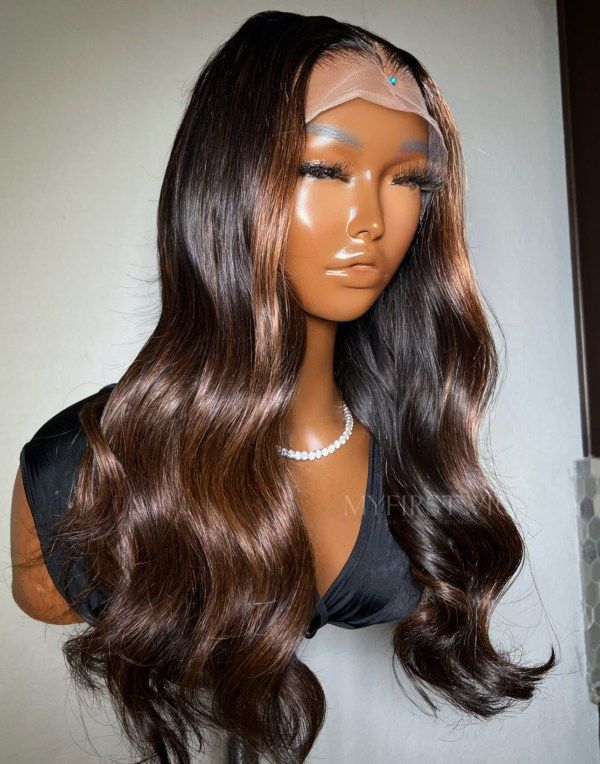 Dainty Secrets - Glueless Human Hair Lace Front Wigs Brown Highlight Wavy Wigs - DTS011
