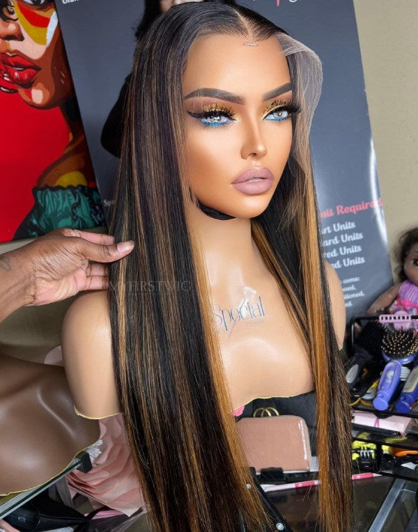 ASPECIALUNIT - Glueless Human Hair Lace Front Wigs Brown Highlight Straight Wigs - SPE075