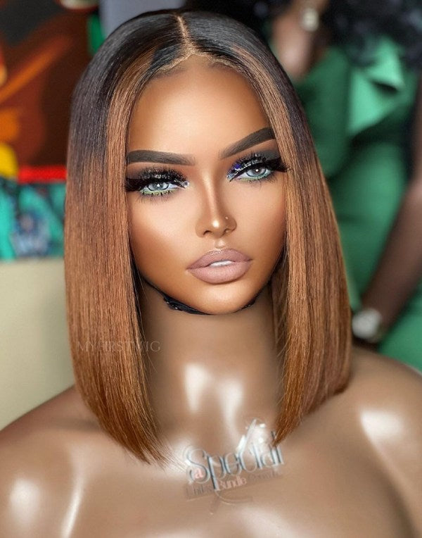 ASPECIALUNIT - Glueless Human Hair Lace Front Wigs Ombre Brown Bob Wigs - SPE076