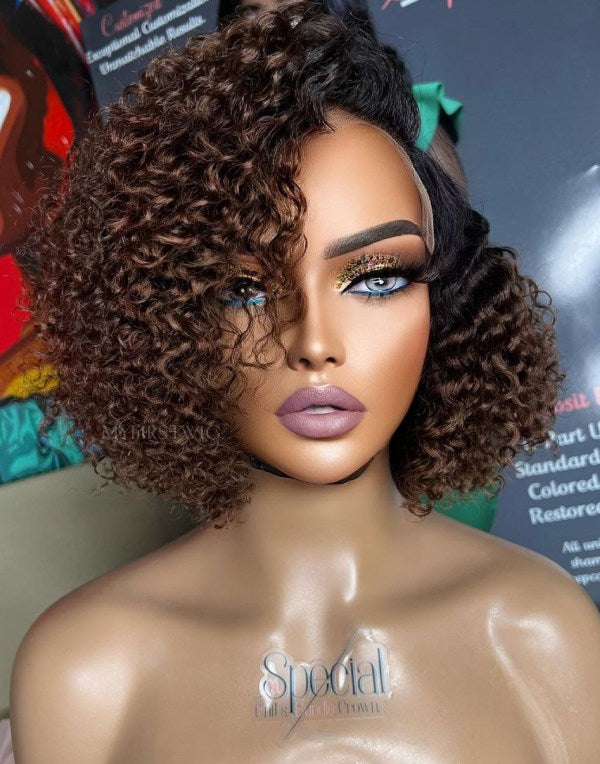 ASPECIALUNIT - Glueless Human Hair Lace Front Wigs Ombre Brown Curly Bob Wigs - SPE077