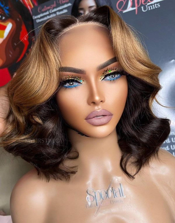 ASPECIALUNIT - Glueless Human Hair Lace Front Wigs Ombre Brown Wavy Bob Wigs - SPE079
