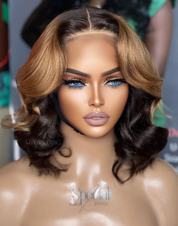 ASPECIALUNIT - Glueless Human Hair Lace Front Wigs Ombre Brown Wavy Bob Wigs - SPE079
