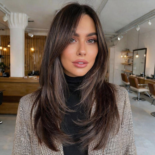 Highlight Brown High Level Layers Straight Human Hair Lace Front Wig - JYS002