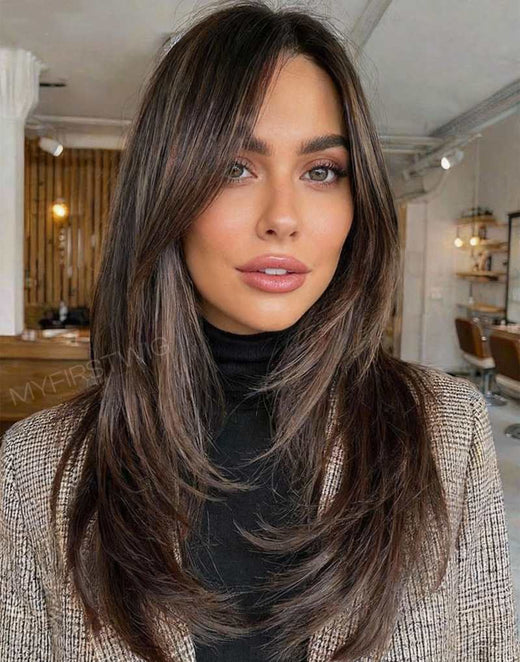 Highlight Brown High Level Layers Straight Human Hair Lace Front Wig - JYS002