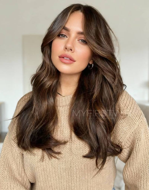 Highlight Brown Wavy Human Hair Lace Front Wig - JYW010