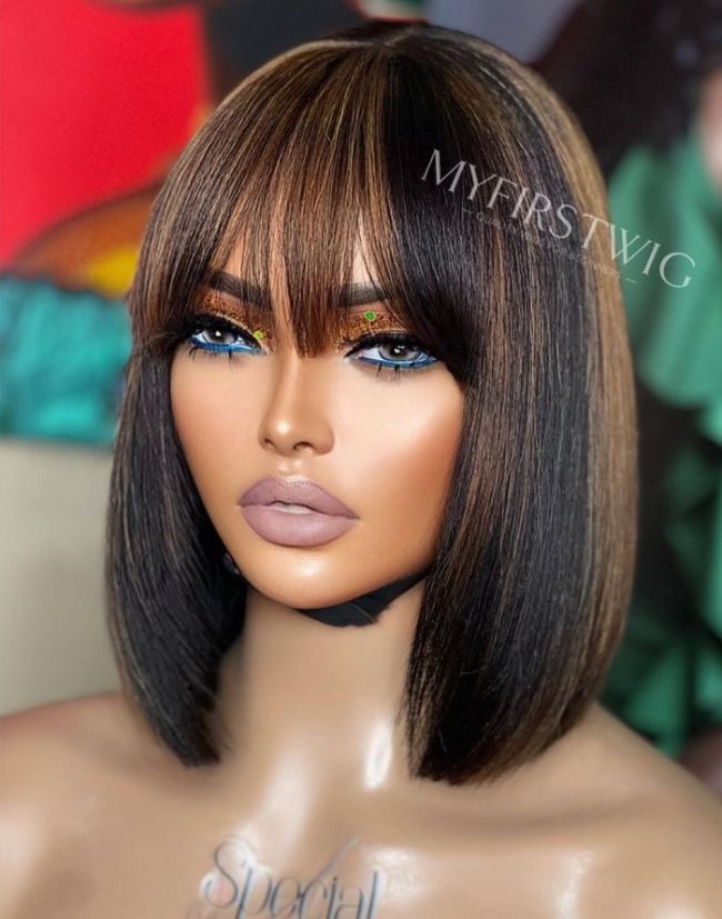 ASPECIALUNIT- Highlight Brown Bob With Bangs Invisible Lace Glueless Human Hair Lace Front Wig - SPE071