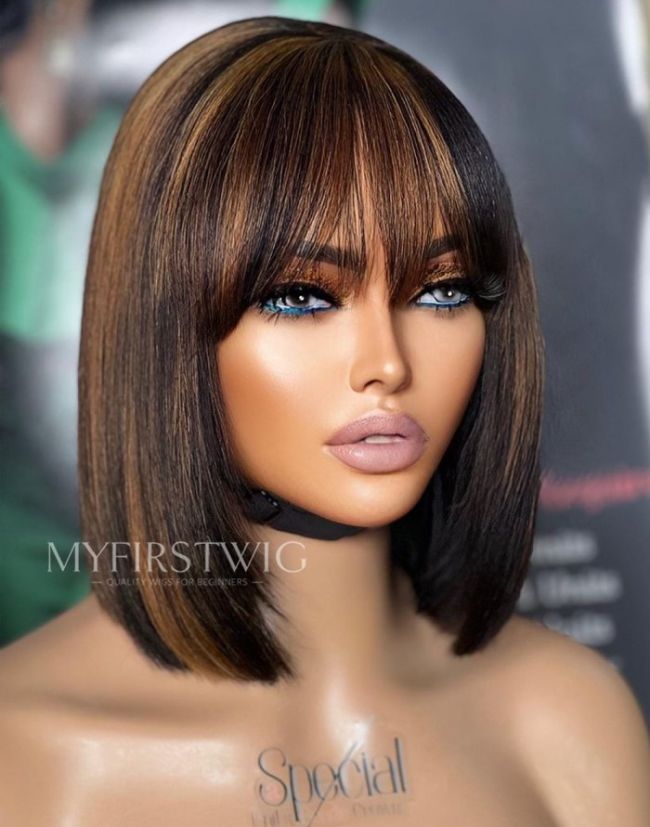 ASPECIALUNIT- Highlight Brown Bob With Bangs Invisible Lace Glueless Human Hair Lace Front Wig - SPE071