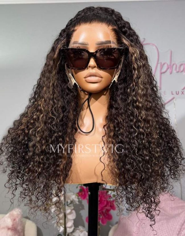 OpHair - Highlight Brown Curly Invisible Lace Glueless Human Hair Lace Front Wig- OPH018