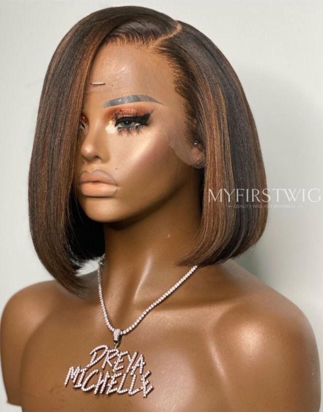 Dreyamichelle - Non-Asymmetric Highlight Brown Yaki Bob Glueless Human Hair Lace Front Wig - TDM008