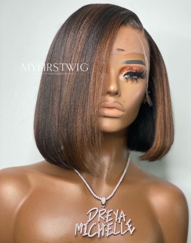 Dreyamichelle - Non-Asymmetric Highlight Brown Yaki Bob Glueless Human Hair Lace Front Wig - TDM008