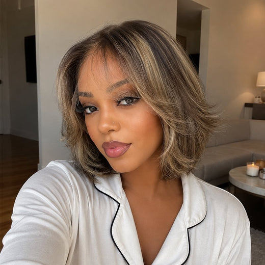 Honey Blonde Highlights Layered Bob Curtain Bangs Human Hair Glueless Lace Wigs - MAI027