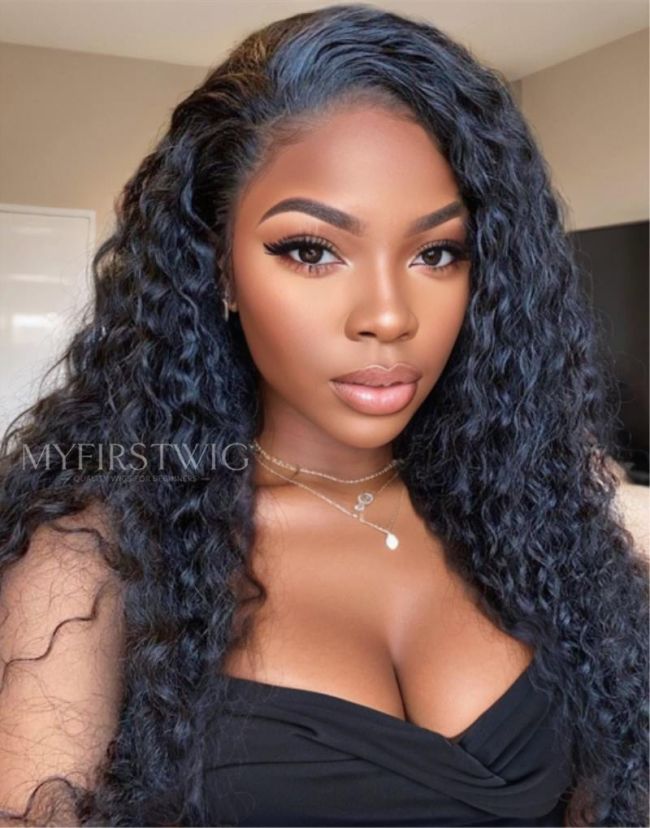 Long Deep Wave Curly Glueless Invisible Human Hair Lace Front Wig - ANI8006