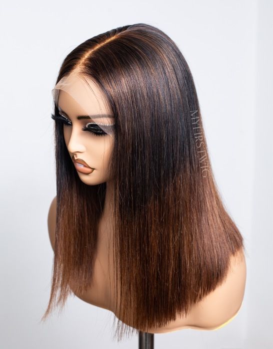 TOUCHEDBYAYE - Human Hair Balayage Ombre Brown Blunt Cut Bob Lace Front Wig - TBA042