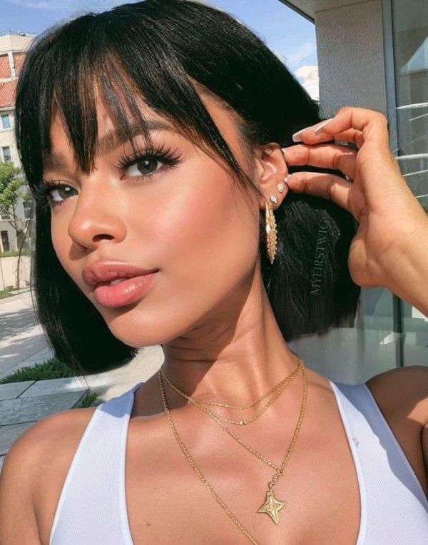 Blunt Cut Bob With Wispy Bangs Human Hair Glueless Invisible Lace Front Wig LFB059